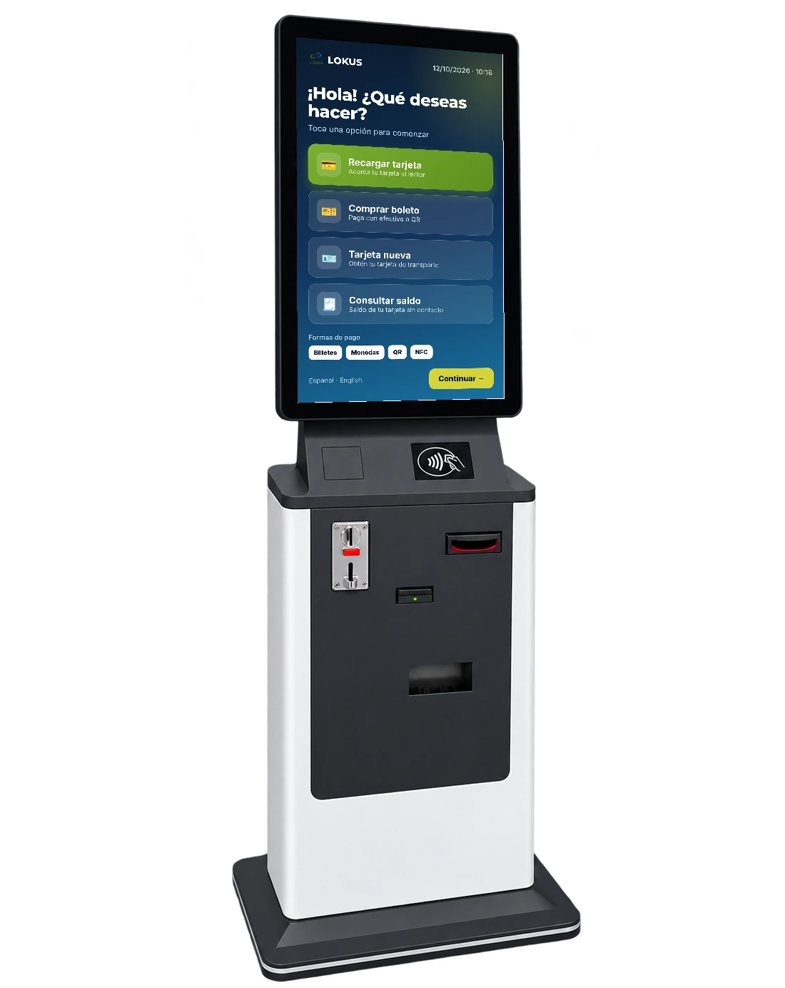 Autoservicio LOKUS con pantalla táctil de recarga y venta de boletos
